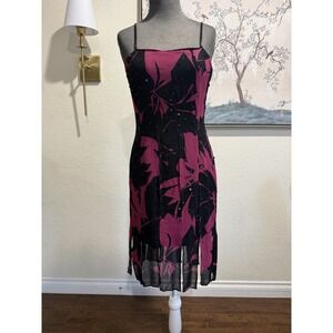 Eva Blue Black Pink Floral Beaded Chiffon Knee Length Slip Dress Spaghetti 10